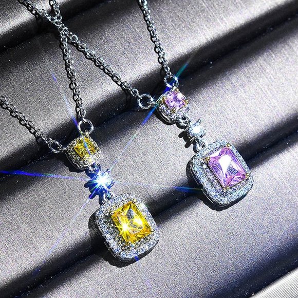 🌸Bling Double Royal Yellow Zircon Silver Plated Necklace for Women, UNVN12412 - Picture 4 of 7